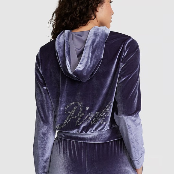 PINK VELOUR SHINE LOGO FULL-ZIP CROP HOODIE - Picture 1 of 2